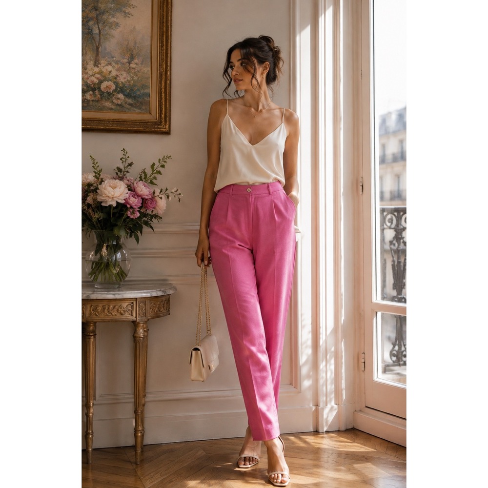 VTG Susan Bristol Pink Silk Linen Pants High Waisted Fits Modern M 6 28 Waist Y2